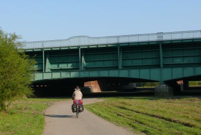 An aquaduct where the ships sail as through an giant gutter.
