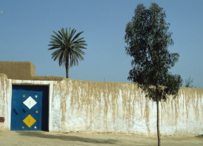 A colourful door in a wall made of mud, surrounding the premises of a small farm