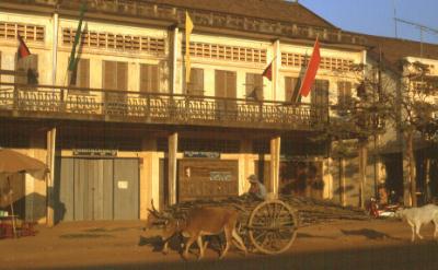 Returning home at dawn in a little dusty town